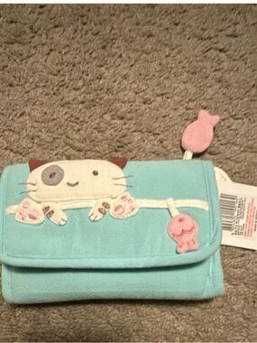 Kids Cute Cat Wallet in Light Teal with Pink Accents